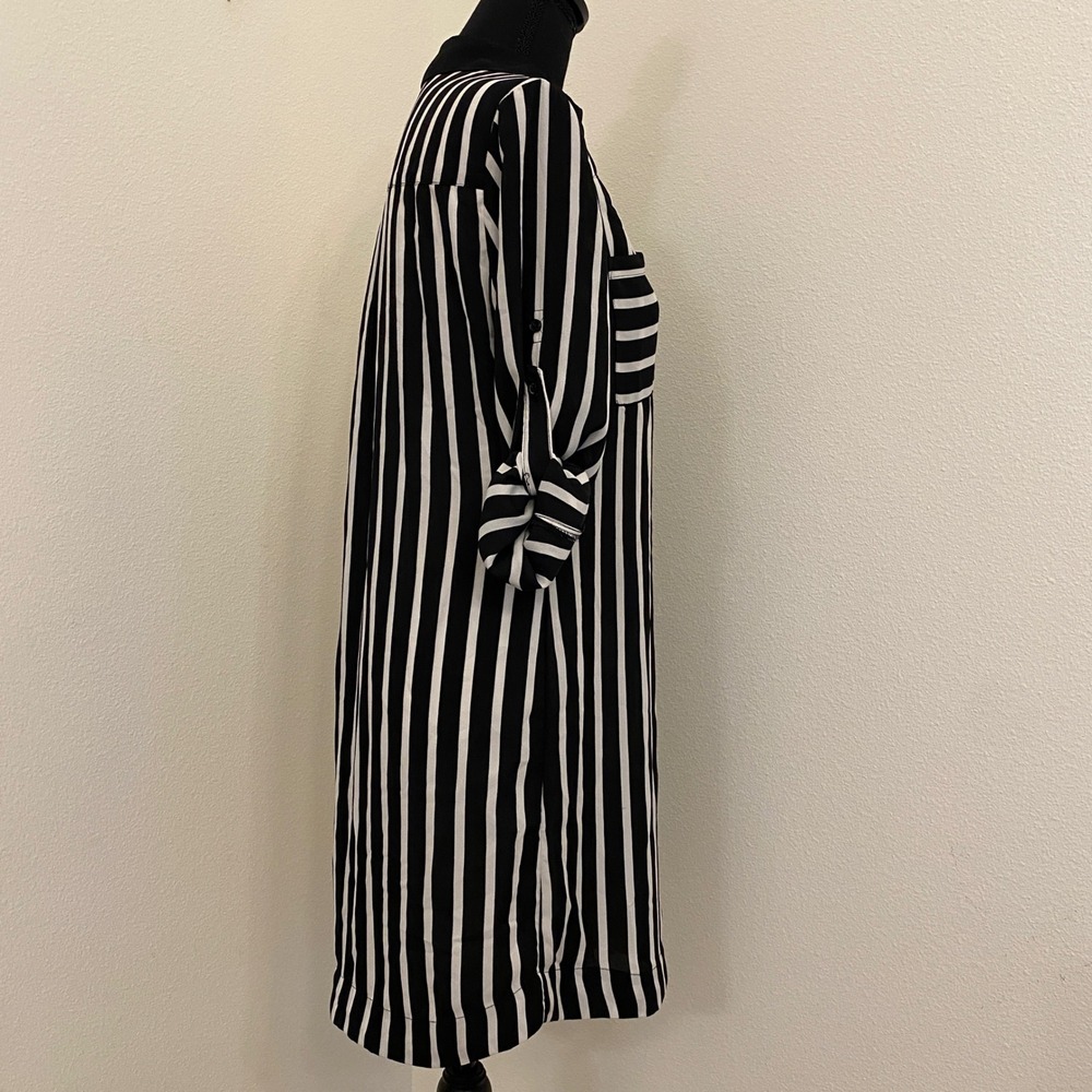 Express The Portofino Shirt Dress S Black White Striped Long Roll Tab Sleeve - Picture 4 of 14